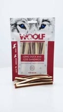 وولف مكافآت ساندويتش بط و سمك القد للكلاب 100جم Woolf Long Duck & Cod Sandwich Treats for Dogs 100gm 