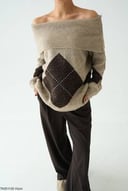 Brown Argyle Off Shoulder Pullover 