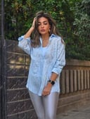 Baby blue linen pearl embroidered shirt 