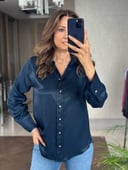 Navy Satin shirt with gold buttons 