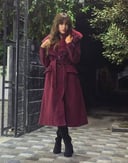 Burgundy fur wool coat with side pockets and belt
