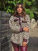 Leopard Fleece Shirt Jacket With Burgundy Leather trim