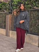 Grey Poncho High Neck With Fringes 