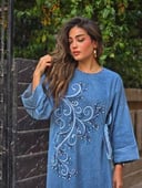 Blue Floral sequin embroidered denim dress with side tie