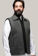 سديرية جوخ + ريب مخمل بلون رمادي W111