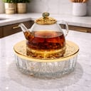   Large Tea Pot Crystal with Jade Green Precious Stone Gold