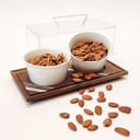 WOOD TRAY W/ CERAMIC BOWLS AND PLEXI COVER (2 BOWLS)