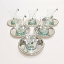 Silver plated tea set with green precious small stones /6 