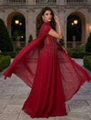 فستان سهرة دفنا باللون الأحمر الساحر مطرز بالترتر مع كيب انسيابي