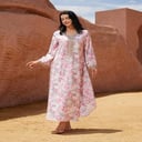 عباية عيد فستان نسائي طويل زهري برقبة على شكل V بتصميم قفطان عربي أنيق