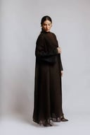 Brown linen abaya with crochet on sleeve