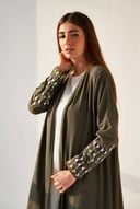 Linen Abaya With Stitch Embroidery On Sleeve