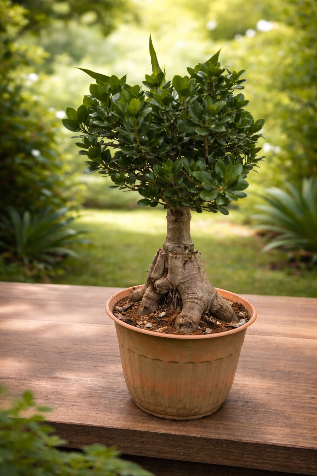شجرة بونساي فيكس جينسينج (Ficus Ginseng) في مركن بلاستيكي بتصميم ريفي - صورة 1