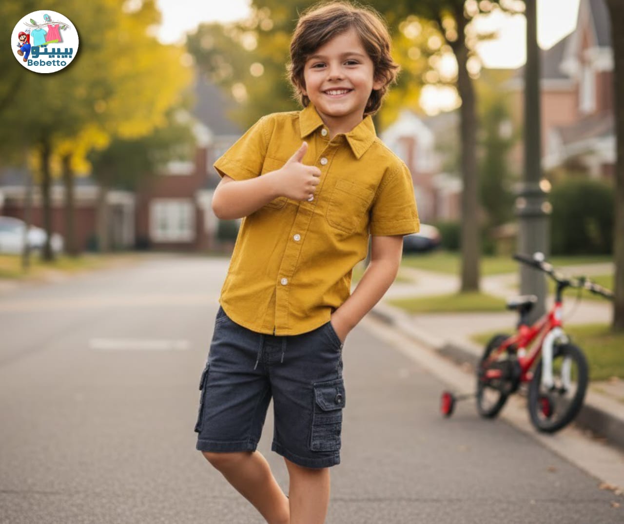 Yellow short-sleeve button-down shirt and dark gray cargo shorts 100A \ F1225269 - صورة 1