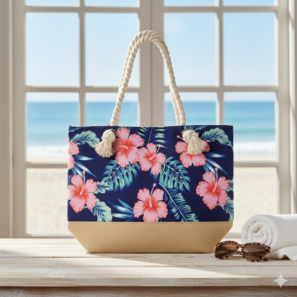 BEACH Floral Print Shopping Tote with Rope Handles Z51 \ F1209227 - Image 2