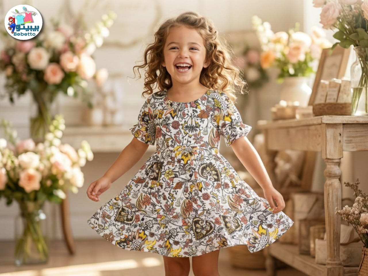 A short-sleeved, knee-length dress with a multi-color floral and paisley pattern 900D \ E1127839 - Image 1