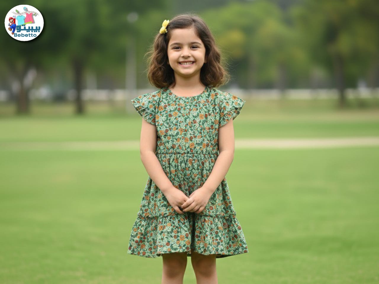Girl wearing a green floral dress 900F \ F1224373 - Image 1