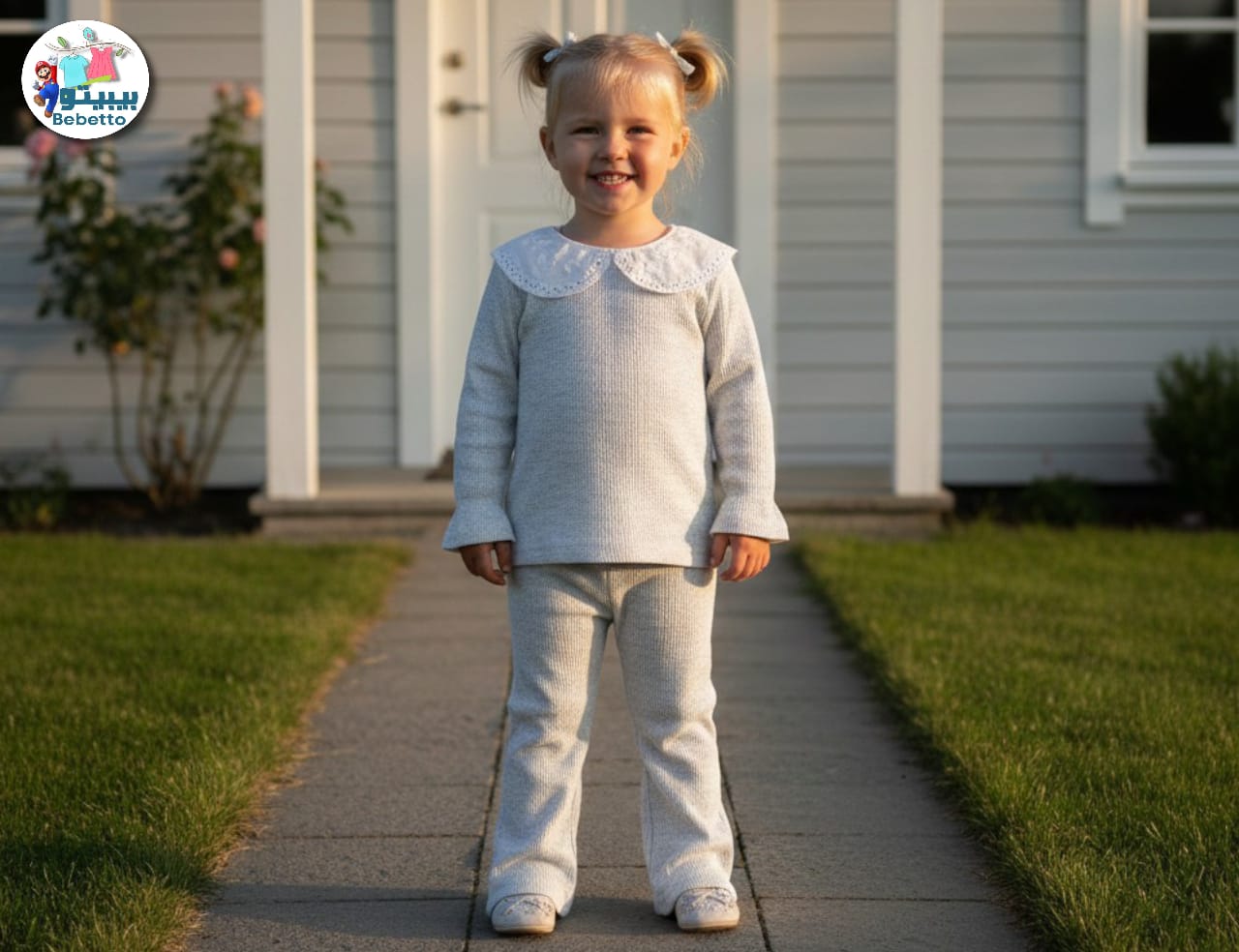 Light-grey, long-sleeved top with a white, ruffled Peter Pan collar and matching flared trousers 1050E \ G123867 - Image 1