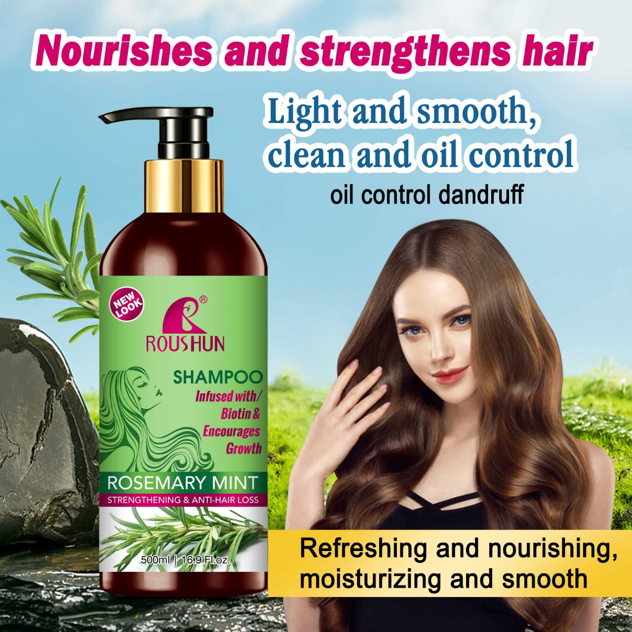 ROUSHUN ROSEMARY MINT STRENGTHENING & ANTI-HAIR LOSS SHAMPOO 500ML E41 \ 6921199127153 - صورة 2