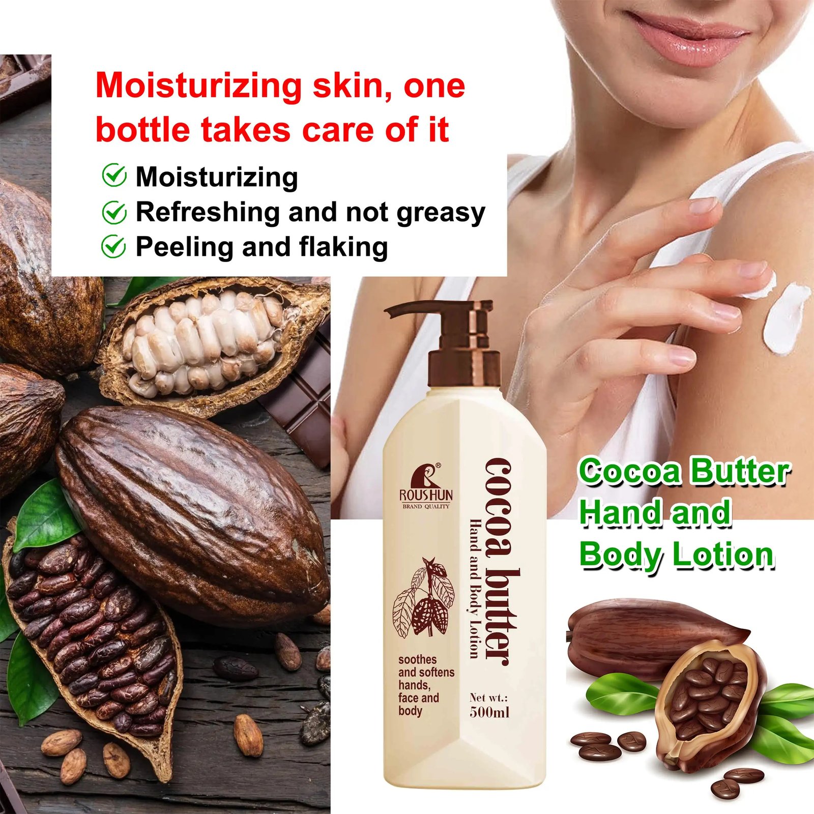 Roushun Cocoa Butter Skin Revitalizing Body Wash Moisturizing Exfoliating Nourishing Brightening 500ml C41 \ 6921199133680 - Image 3