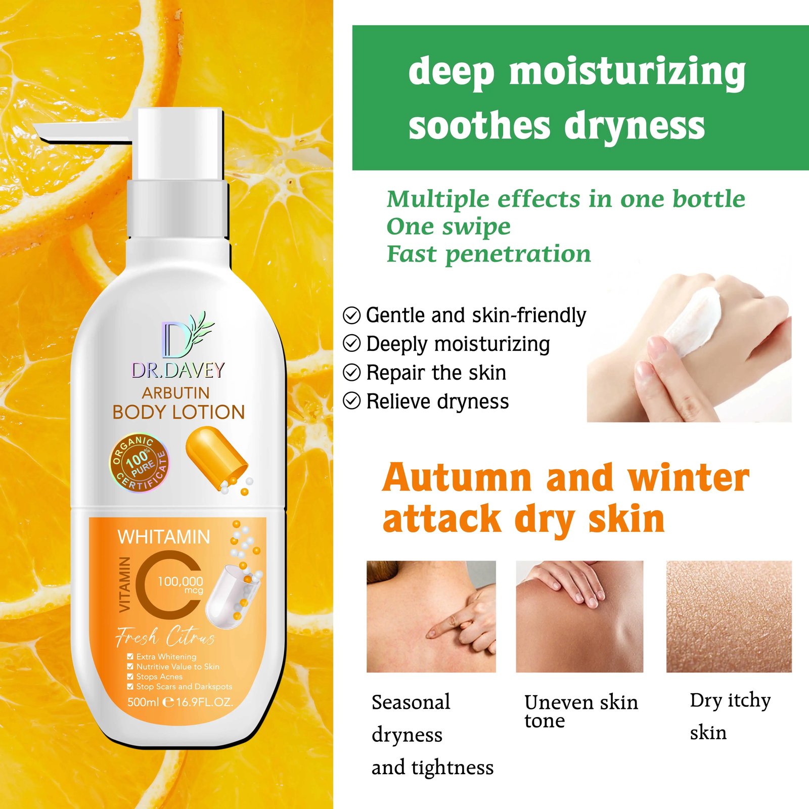 Dr. Davey Arbutin Body Lotion Vitamin C Whitening 500ml C44 \ 6921199120451 - صورة 3