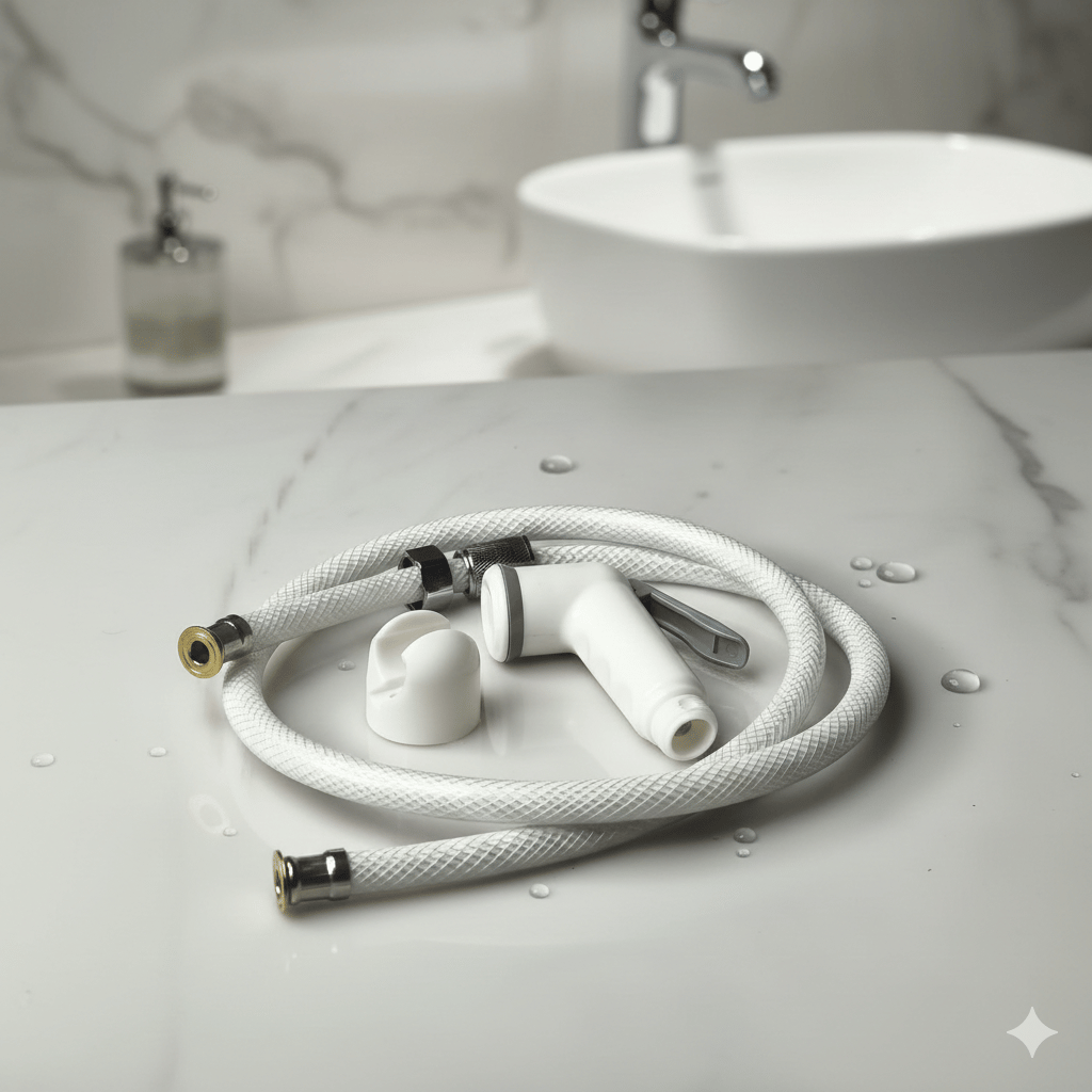 white handheld bidet sprayer (also known as a shattaf) set with a hose and holder B6 \ G109108 - Image 1
