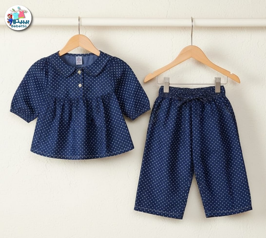 Bebetto brand outfit features a navy blue polka dot top and matching trousers 800E \ G325110 - Image 1