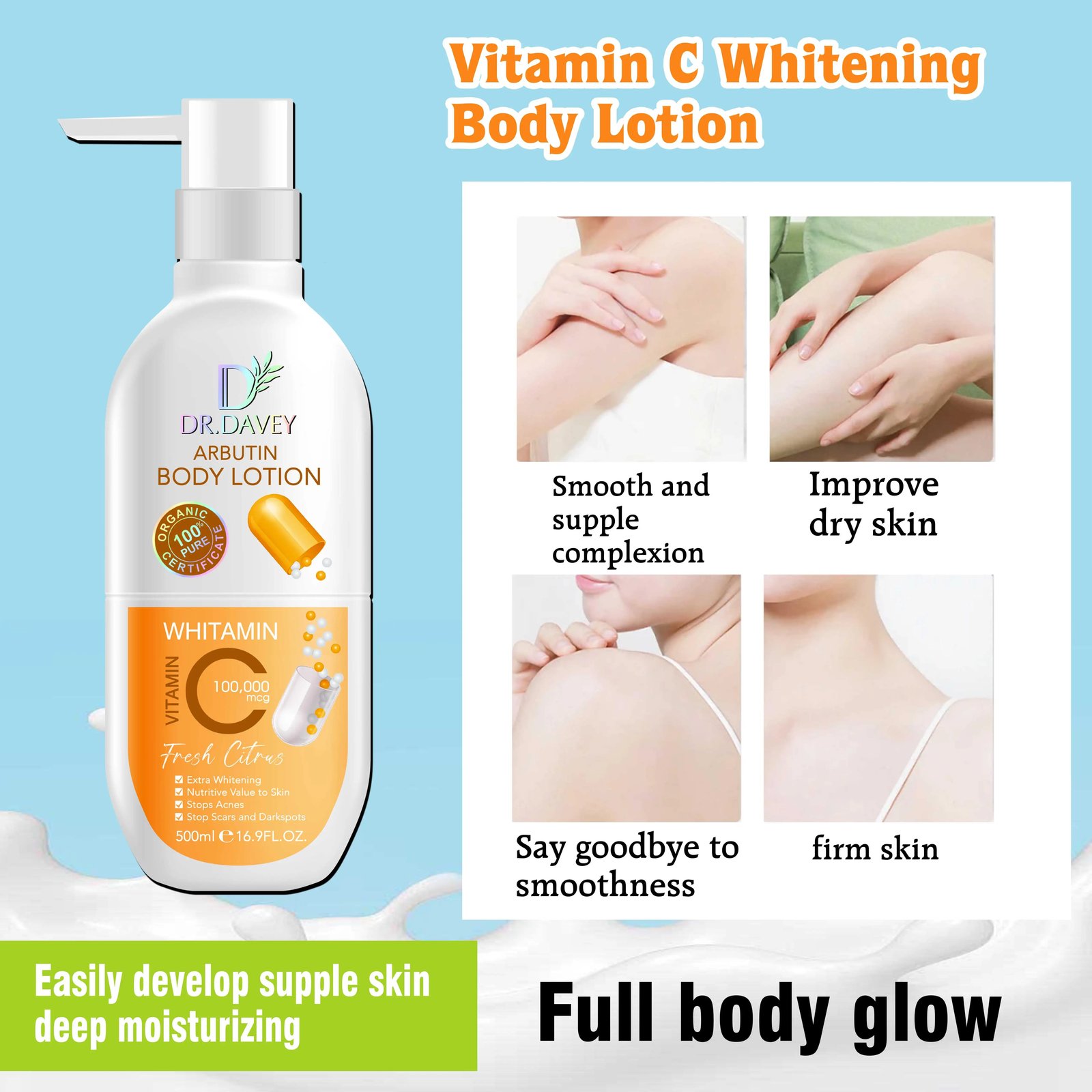 Dr. Davey Arbutin Body Lotion Vitamin C Whitening 500ml C44 \ 6921199120451 - صورة 4