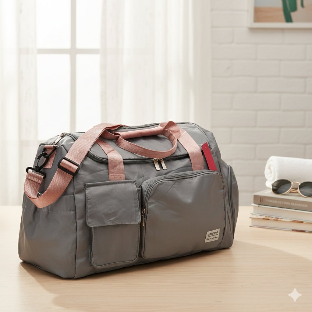 gray and pink water-resistant nylon travel duffel bag with a wet compartment and shoe area Z52 \  F1222236 - Image 1
