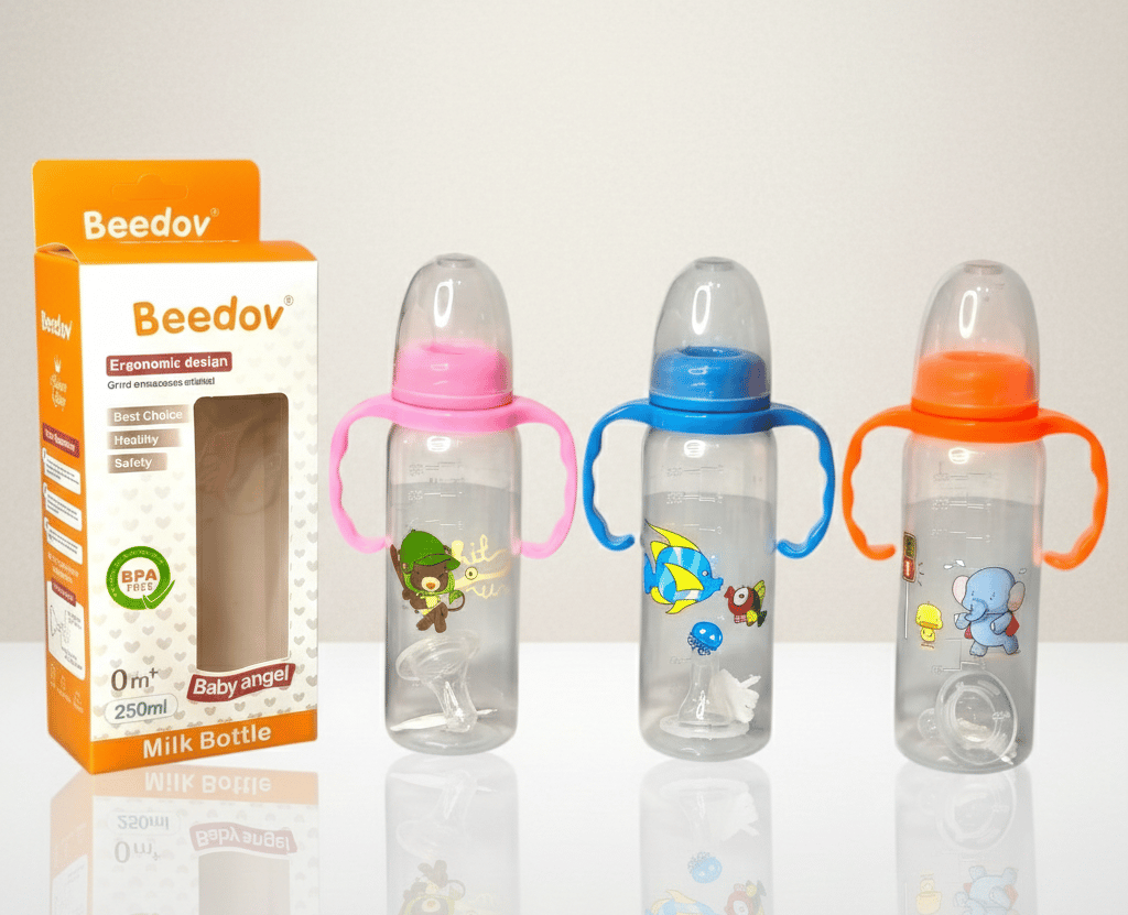 Beedov Angel 250ml Milk Bottles, which are designed for infants. Design: Ergonomic shape with dual handles for easy gripping by babies. Safety: Made from BPA-free materials F34 \ 6946848724095 - Image 1