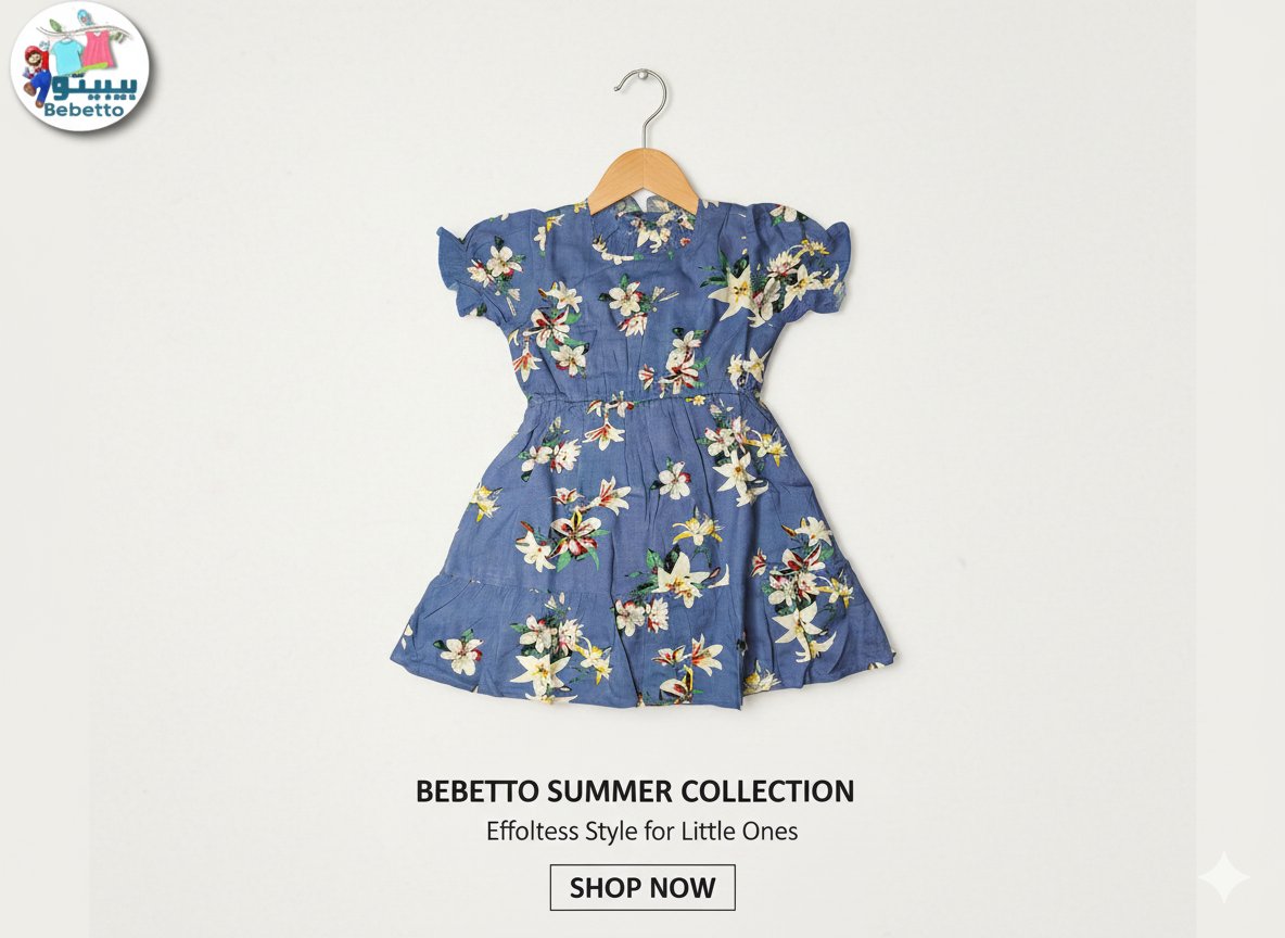 Bebetto summer collection children's dress with a blue base and a white and yellow floral pattern 900E \ E1028581 - Image 1