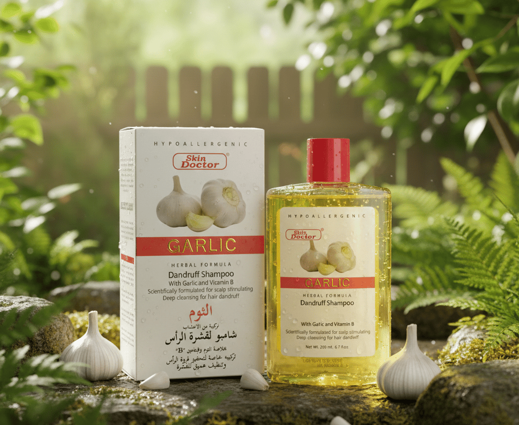 Skin Doctor Garlic Herbal Formula Dandruff Shampoo. It is a hypoallergenic shampoo designed for scalp stimulation and deep cleansing of hair dandruff.200ml D41 \ 8858854600745 - Image 1