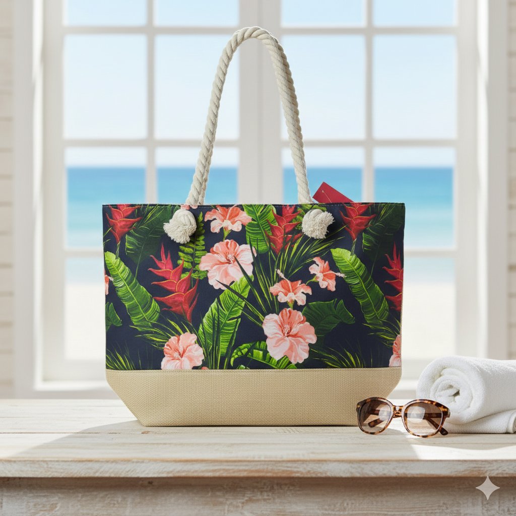 BEACH Floral Print Shopping Tote with Rope Handles Z51 \ F1209227 - Image 3