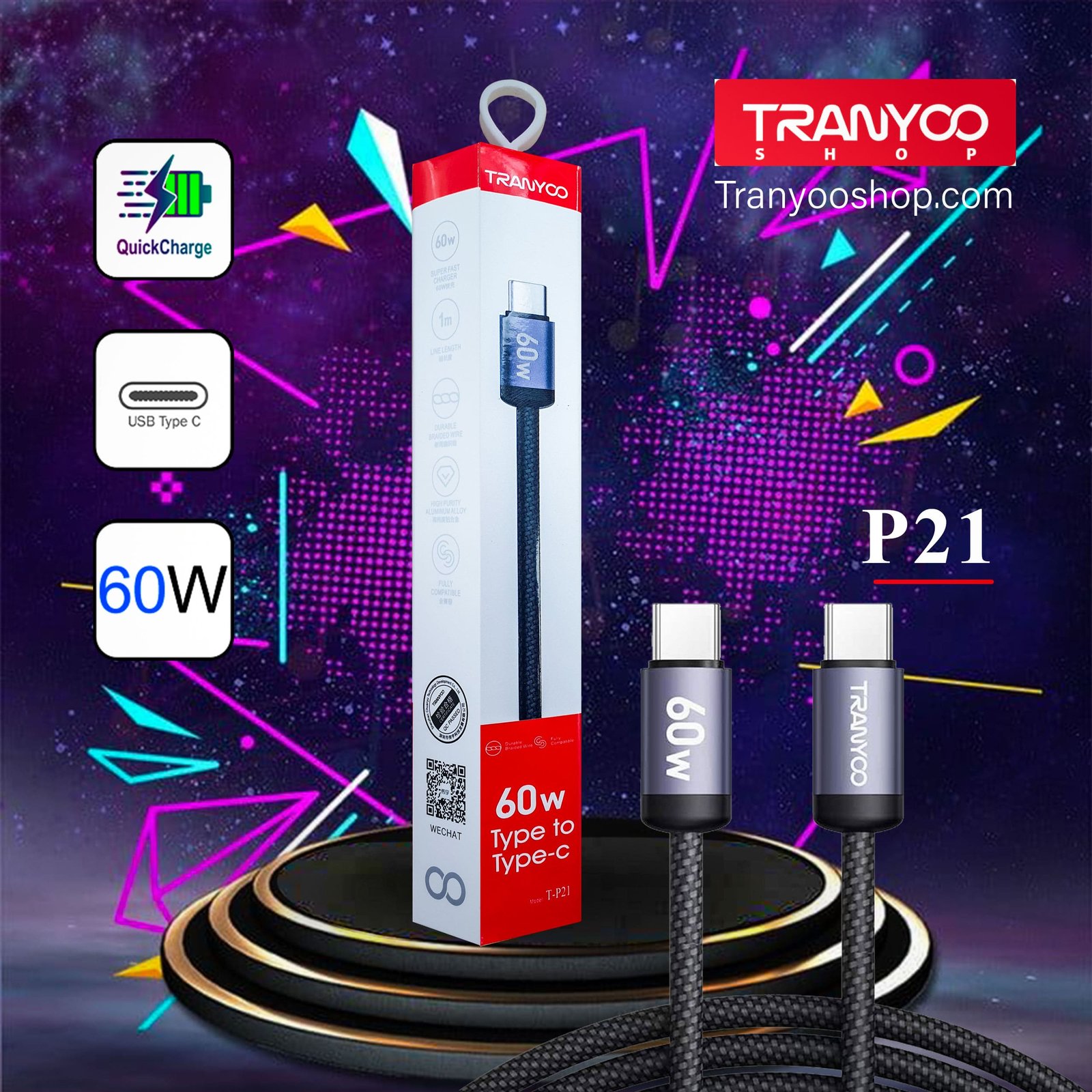 Tranyoo T-P21 60W Type-C to Type-C Fast Charging Cable G \ 6970791127740 - Image 1
