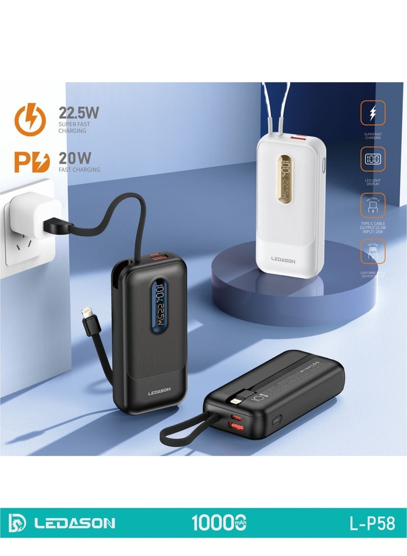 LEDASON L-P58 10000mAand ih portable power bank.  It supports 22.5W and 20W fast charging, ncludes built-in USB-C and Lightning cables. G41 \ 6975389273717 - Image 2