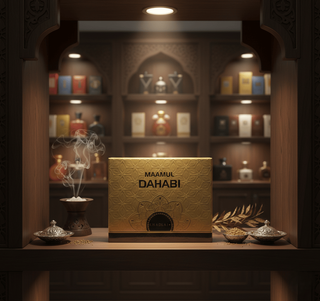 Khadlaj Perfumes' Oud Muattar Maamul Dahabi, a luxurious incense product designed to fill spaces with a rich aroma.  Product Type: Perfumed oud wood chips (Bakhoor) 1450 \ 6291107975597 - Image 1
