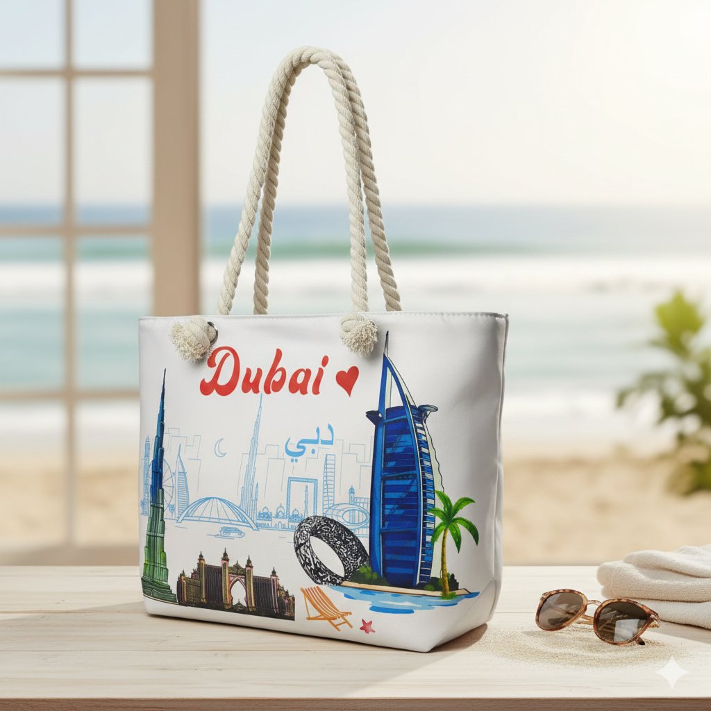 white canvas or cotton tote bag featuring a colorful illustration of the Dubai skyline with landmarks like the Burj Khalifa and Burj Al Arab Z51 \ F1209229 - Image 1