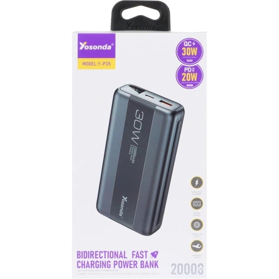 Yosonda power bank model Y-P35.  It features a capacity of 20,000 mAh. Supports two-way fast charging. It has 30W QC 3.0 fast charging outputs and 20W PD outputs G41 \ 6974908145153 - Image 3