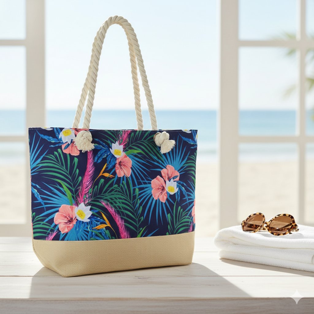 BEACH Floral Print Shopping Tote with Rope Handles Z51 \ F1209227 - Image 1