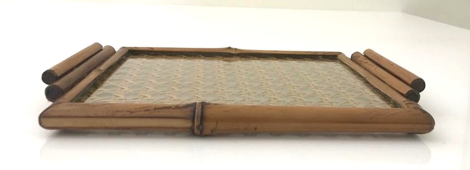 Small Rectangular Bamboo Tray with Gold Straw & Glass Bottom - صورة 4