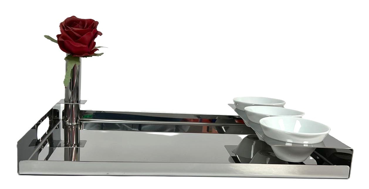 Tray with 3 Rounded  Porcelains Cups + Flower Vase - صورة 7
