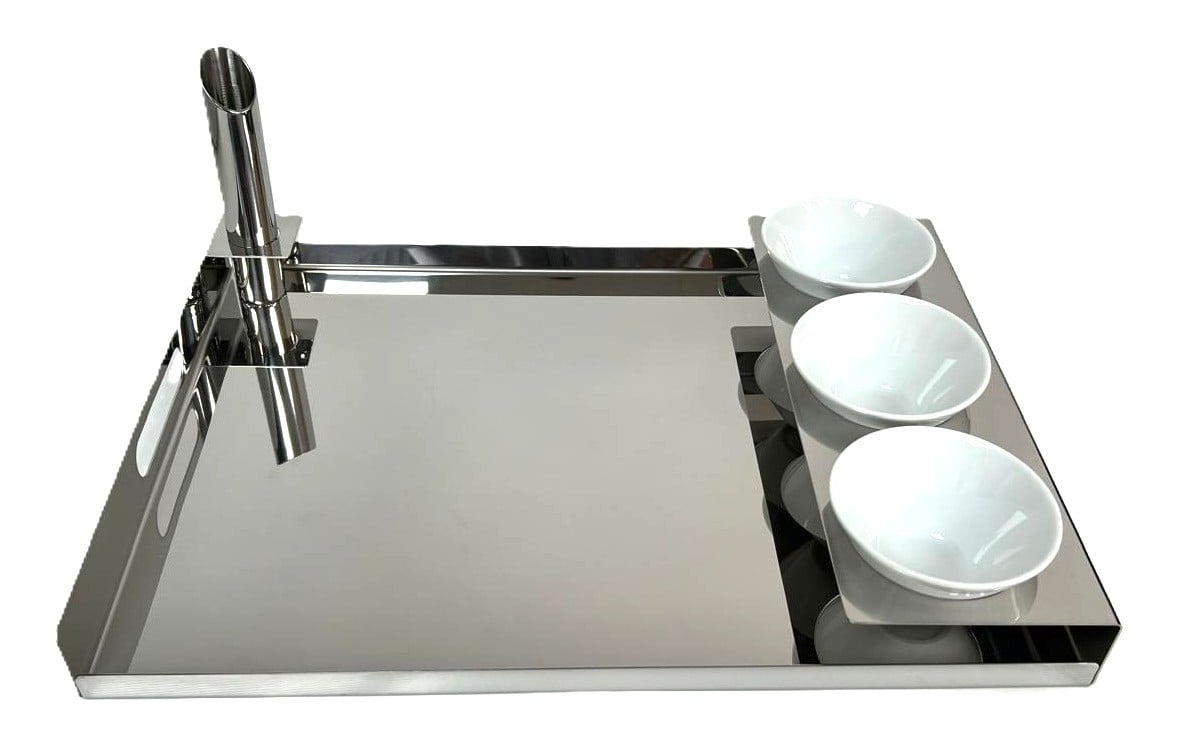 Tray with 3 Rounded  Porcelains Cups + Flower Vase - صورة 2