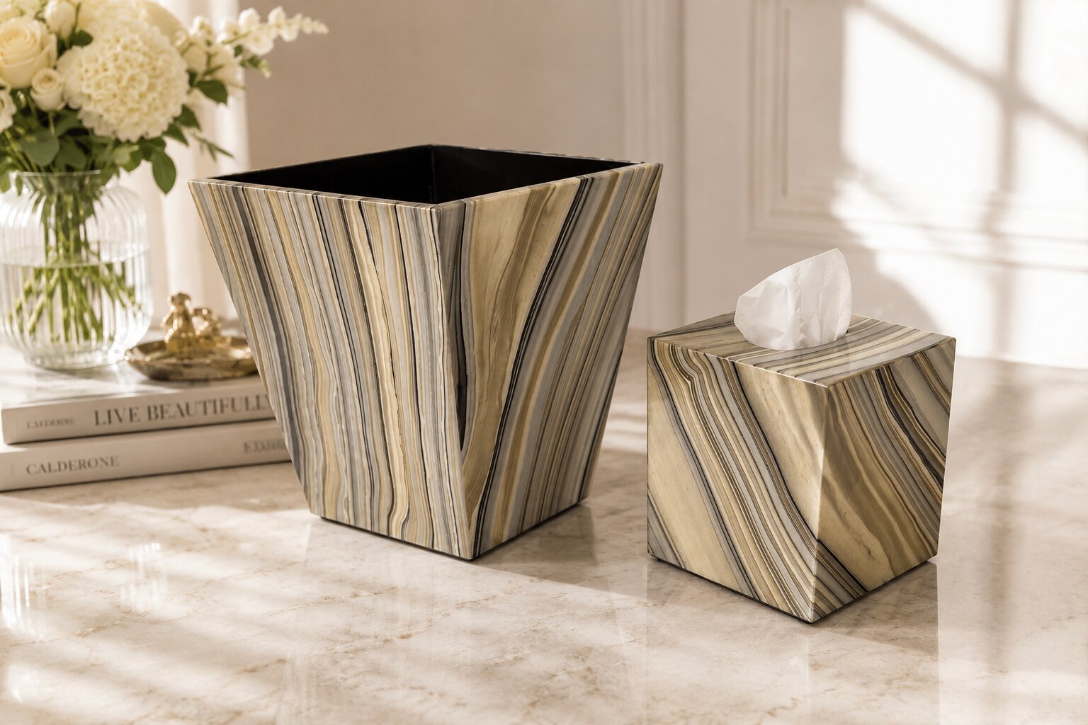 Luxury Set of Tissue Box & Waste Basket - صورة 2