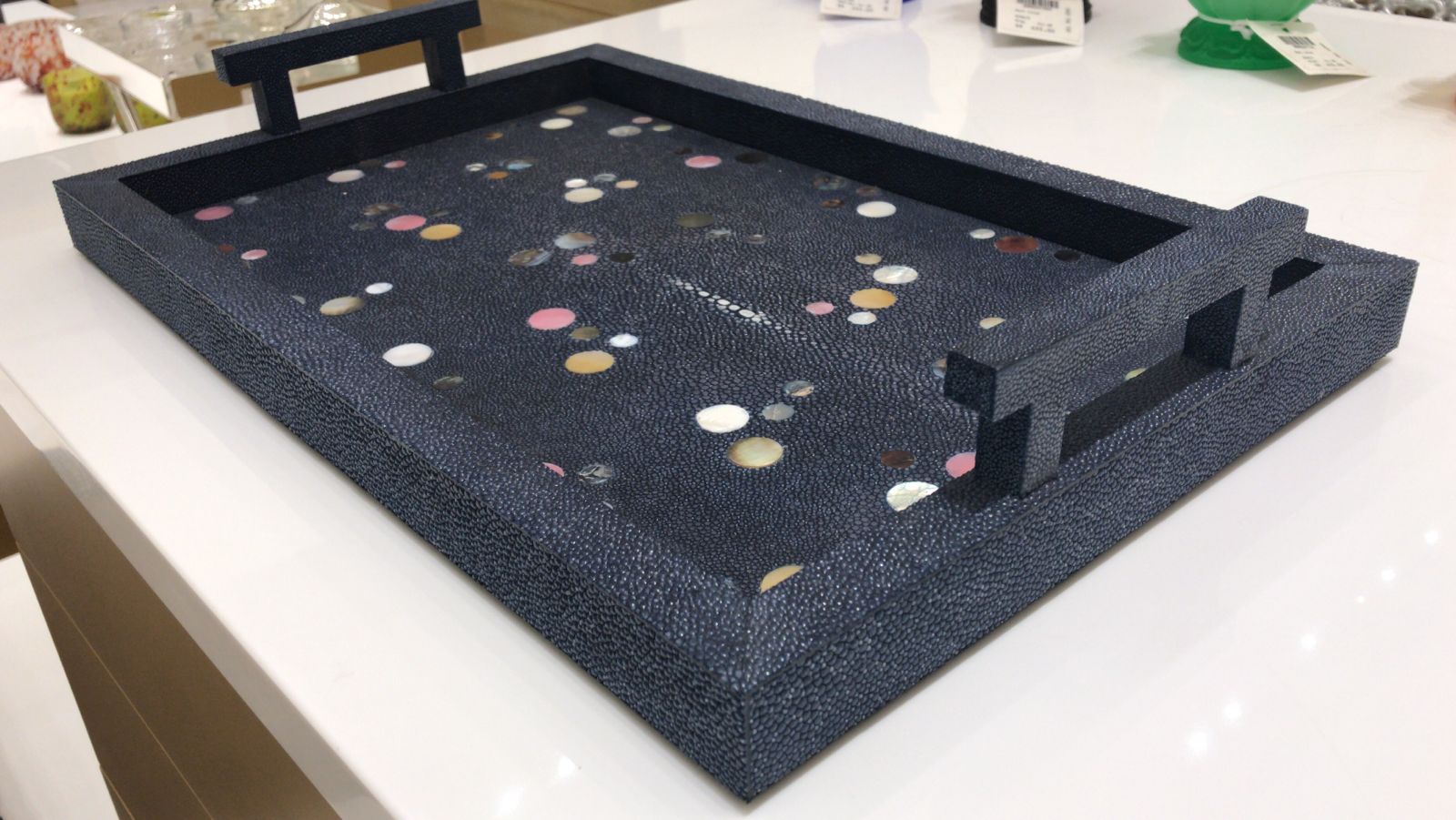 Luxury Medium Polka Shagreen Dark Blue Leather Tray with Different Round Colors with 2.Handles - صورة 10