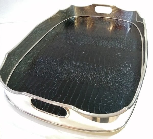 Luxury Rectangular Silver Tray with Crocodile Black Leather in the Base - Image 7