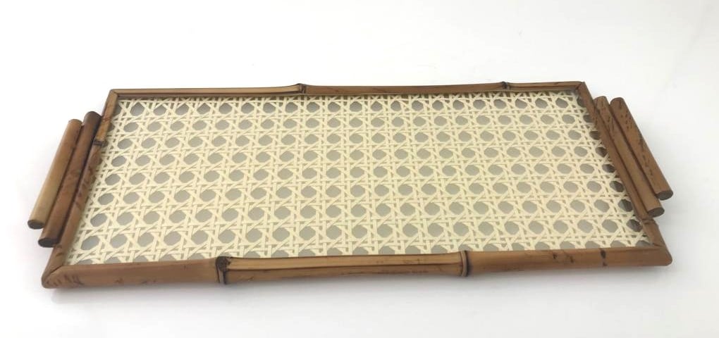 Medium Rectangular Bamboo Tray with Natural Straw & Glass Bottom - Image 2