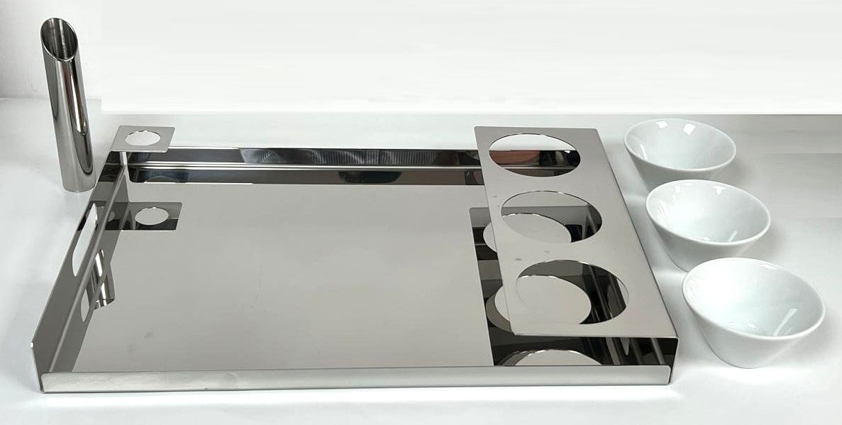Tray with 3 Rounded  Porcelains Cups + Flower Vase - صورة 5