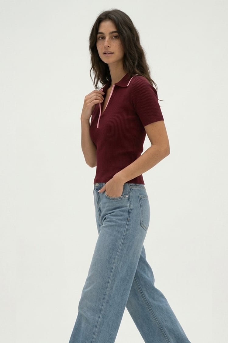 Contrast collar polo - Burgundy - Image 1