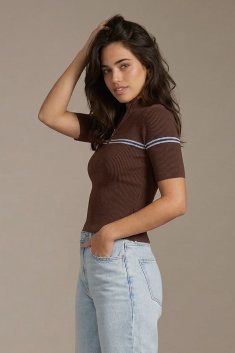 Double stripe zip knit -Brown - Image 2