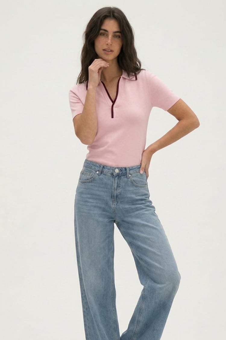 Contrast colar polo - Pink - Image 3